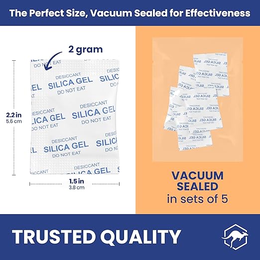 Wallaby 2 gram (500 Packets) Food Safe Pure White Silica Gel Desiccant Dehumidifier Packs - Rechargeable & Coated Moisture Absorbers - Protects Against Moisture Damage - (Packed in 100x Sets of 5) - Image 2