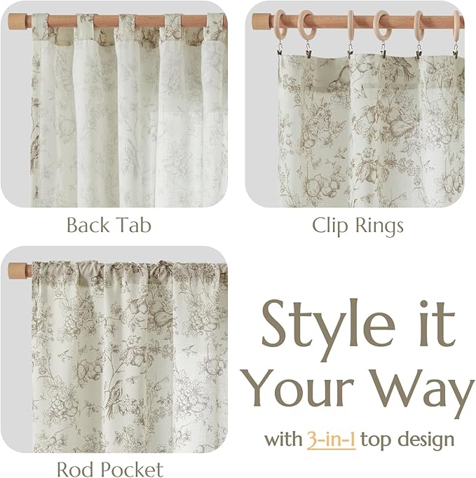 jinchan Linen Floral Curtains for Living Room 63 Inch Length Taupe Printed Flower French Country Curtain Farmhouse Cottage Core Toile Curtains Back Tab Light Filtering Window Drapes Set 2 Panels - Image 4