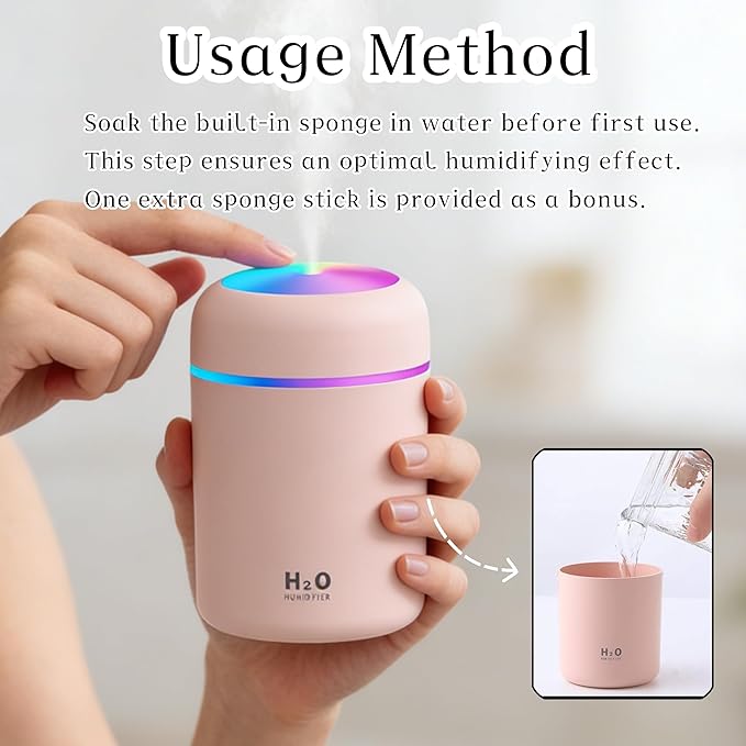 300ml USB Cool Mist Small Humidifier with Colorful Lights,Portable Mini Humidifier, Perfect for Bedroom, Office, Plants, travel & Car, Pink - Image 6