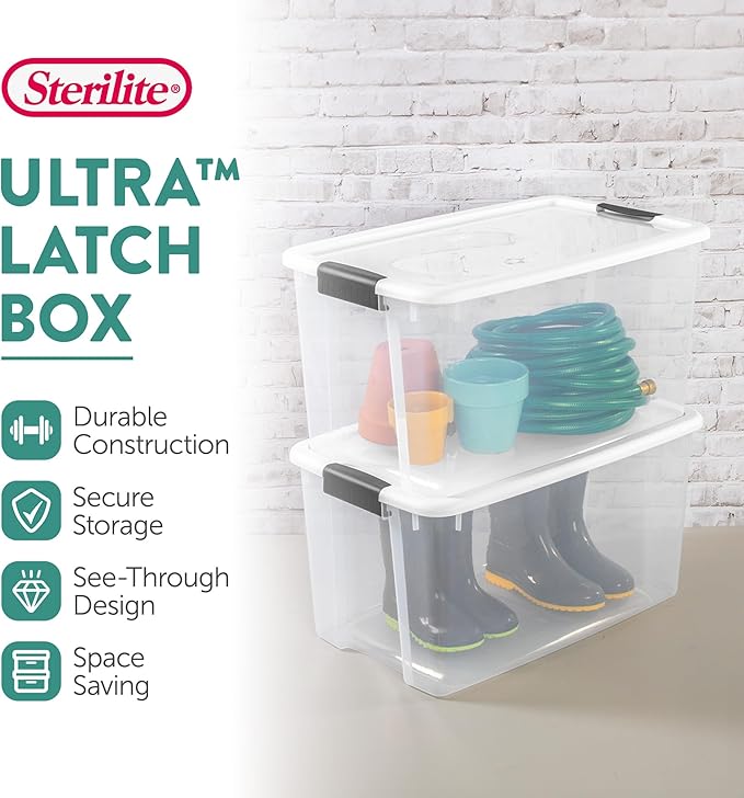 Sterilite 16-Pack Ultra Latching Box, Storage Bins with Lids, Clear Plastic, 70 Quart - Heavy-Duty Organizing Containers for Closet, Bathroom, and Office - Image 3