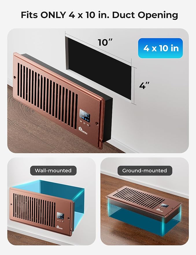 Register Booster Fan, Fits 4” x 10” with Remote Control, Smart Vent Fan Booster with Adjustable 10-Speed Control, Quiet Heating Cooling with Thermostat Control - Image 2