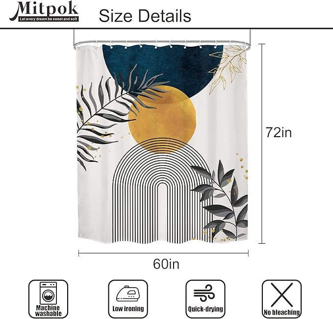 Navy Blue Boho Shower Curtain 60Wx72H Modern Bohemian Mid Century Abstract Gold Leaves Minimalist Geometric Plant Bathroom Decor Neutral Botanical Bath Curtain Fabric Polyester 12 Pack Hooks - Image 5