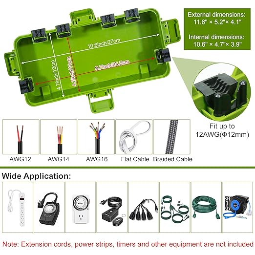 [2 Pack] Outdoor Electrical Box Waterproof, OUTDSPLY Medium Outdoor Electrical Box (11.6x5.2x4.1 inch)w/ 6 Cable Entry, Weatherproof Connection Box for Power Strip, Plug, Timer, Holiday Lights, Green - Image 5
