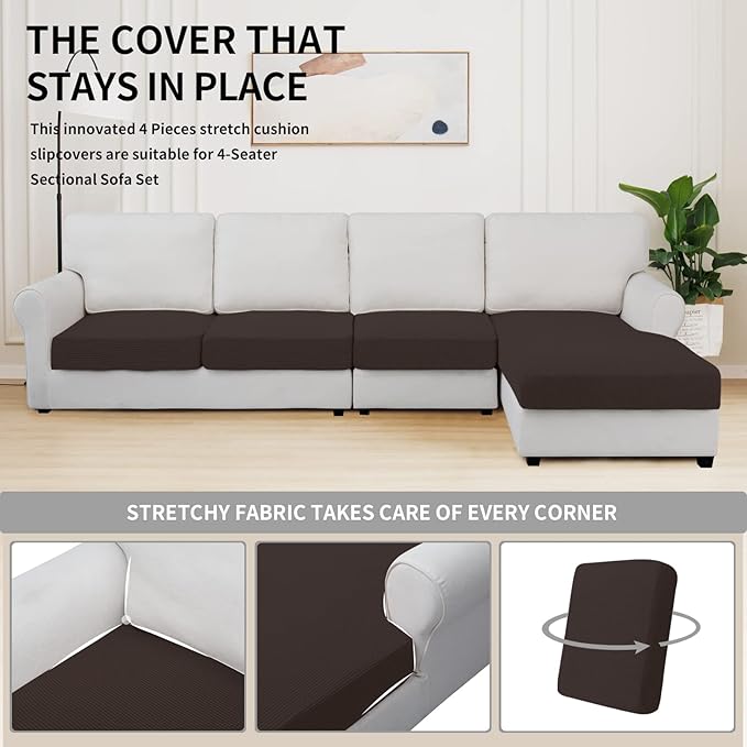 Easy-Going Stretch 4 Pieces Couch Cushion Covers for Sectional Sofa Left/Right L Shape Chaise Lounge Sofa Seat slipcover Anti-Slip Sofa Cover Soft (3 Seater + 1 Chaise, Chocolate) - Image 5