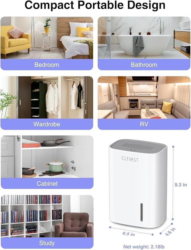 CLEVAST Small Dehumidifier for Home, 30 OZ Mini Quiet Dehumidifiers for Bedroom, Portable Compact Air Dehumidifier for Bathroom, Closet, RV, Camper, House (285 sq. ft), Not Cordless - Image 7