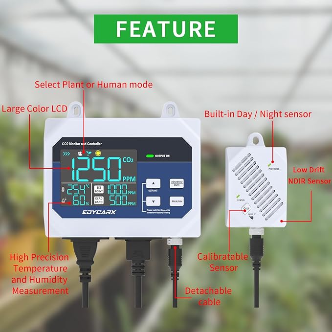 CO2 Controller with Temperature and Humidity Display Day and Night with Relay Function 15ft NDIR Sensor Cable, CO2 Controller for Grow Room, Greenhouse, Grow Tent, Home, Office, Factory - Image 2