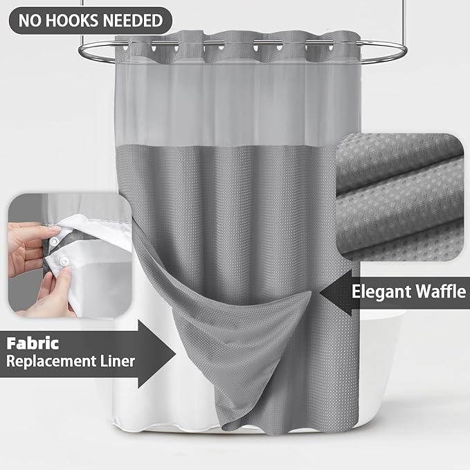 No Hook Shower Curtain and Liner Set,Grey Hotel Waffle Shower Curtain with Liner 75" L x 48" W - Image 3