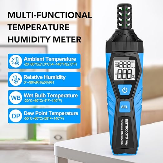 Temperature Humidity Meter - Handheld Thermometer Hygrometer with Ambient, Dew Point, Wet Bulb, High Precision Wet Bulb Thermometer, Dual Display Temperature & Humidity with LCD Backlight - Image 2