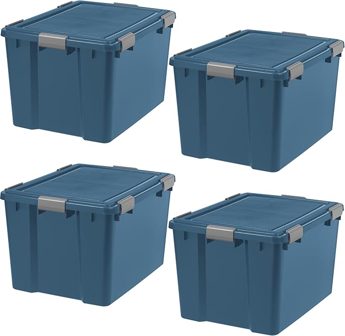 IRIS USA WeatherPro 74 Qt Eco-Friendly Storage Bins with Lids, 4 Pack, BPA-Free Plastic Gasket Box with Tight Latch and Seal, Stackable Nestable Tote Tub - Navy by IRISUSA