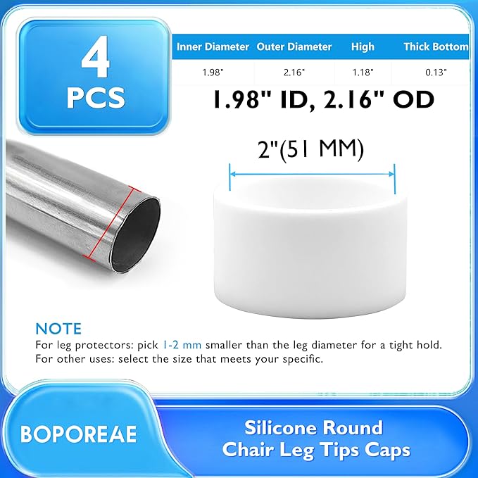 4 Pcs 2" (51 mm) Round Chair Leg Tips Caps, Silicone Rubber Furniture Leg Floor Protectors, Reduce Noise Folding Metal Chair Leg Cap Replacement for Bar Stool Leg Patio Indoor, White - Image 9