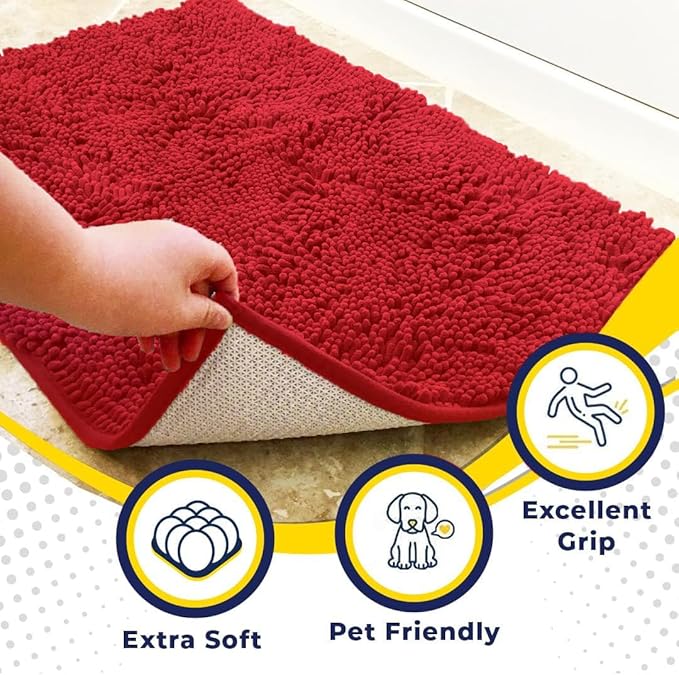 Muddy Mat® Pack of 3 Highly Absorbent Microfiber Dog Door Mat and Pet Rug, Non Slip Thick Washable Area Mat Soft Chenille for Kitchen Bathroom Bedroom and Outdoor - Red Small, Medium & Large - Image 2