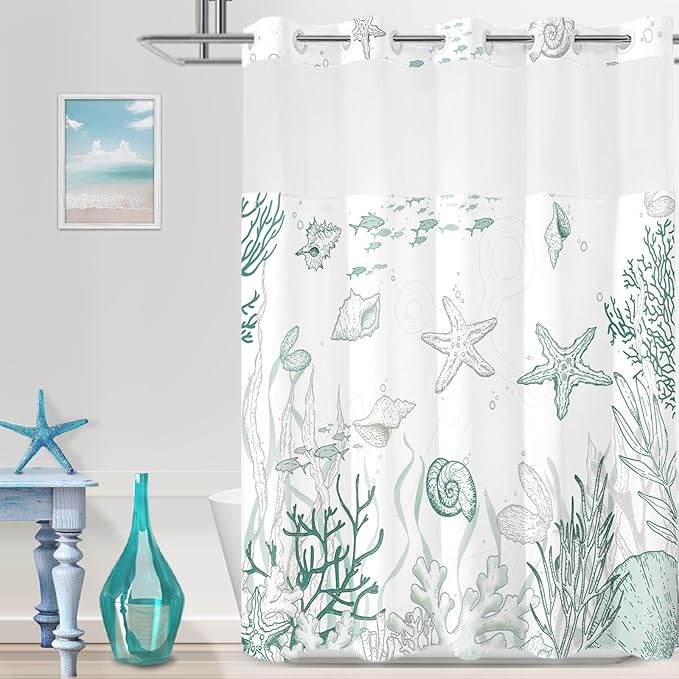 Extra Long No Hook Shower Curtain with Snap in Liner, Beach Ocean Nautical Coastal Shower Curtains and Liner Set for Bathroom, Seashell Fabric Bath Curtain, Waterproof Washable, Green 71"x84" by TWLSNCD