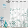 Extra Long No Hook Shower Curtain with Snap in Liner, Beach Ocean Nautical Coastal Shower Curtains and Liner Set for Bathroom, Seashell Fabric Bath Curtain, Waterproof Washable, Green 71"x84" by TWLSNCD