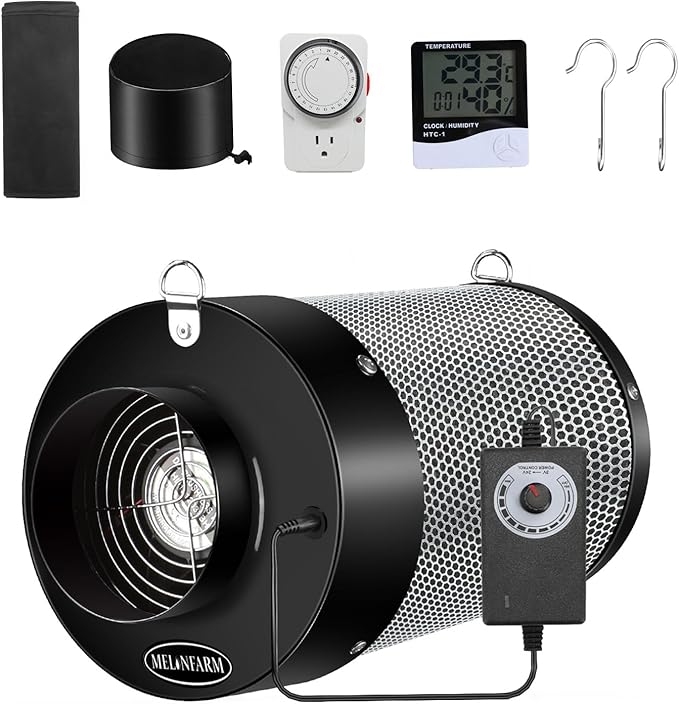 MELONFARM 4 inch Air Carbon Filter Smelliness Control with Australia Virgin Charcoal, Built-in 14cm Fan Low Nois and Speed Controller, Smelliness Scrubber for Inline Duct Fan, Grow Tent 4" x 12.6" by MELONFARM