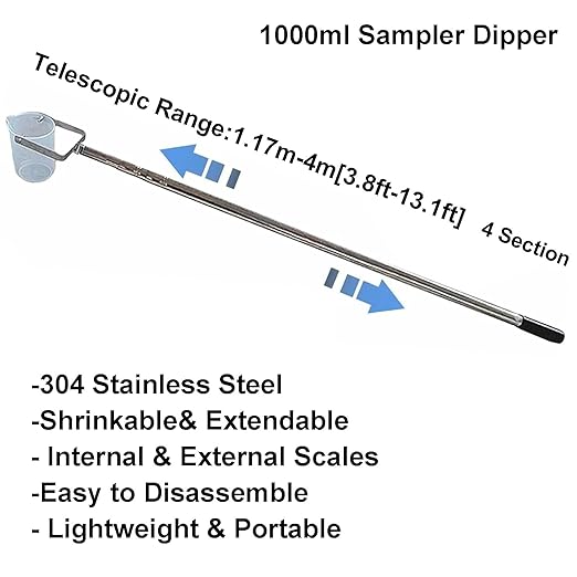 Extendable Water Sampler with Dipper System, Water Qualityd Sampler Device Telescopic for Environmental Monitoring and Qualityd Testing(1000ml,3.8-13.1ft/1.17-4m) - Image 2