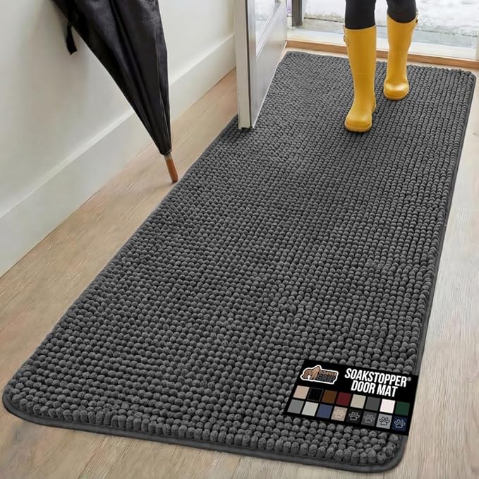 GORILLA GRIP SOAKSTOPPER Dog Door Mat, 70x24 Machine Washable Rug Absorbent Doormat Captures Moisture Mud Dirt, Quick Dry Soft Chenille Entryway Rugs Indoor Entrance Mats for Dog Paws, Charcoal by GorillaGrip