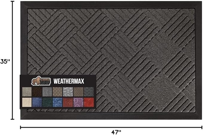 GORILLA GRIP 100% Waterproof All-Season WeatherMax Doormat, 47x35, US Designed Natural Rubber, Stain and Fade Resistant, Low Profile Indoor Outdoor Door Mats, Easy Clean Patio Mat, Gray Diamond - Image 2