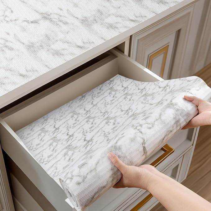 Shelf and Drawer Liner for Kitchen Cabinets Non-Adhesive, Strong Grip Non-Slip Thickened Cabinet Liners for Shelves, Waterproof Mats for Dresser Cupboard, Marble, 12 in x 10 Feet by Shinlendid