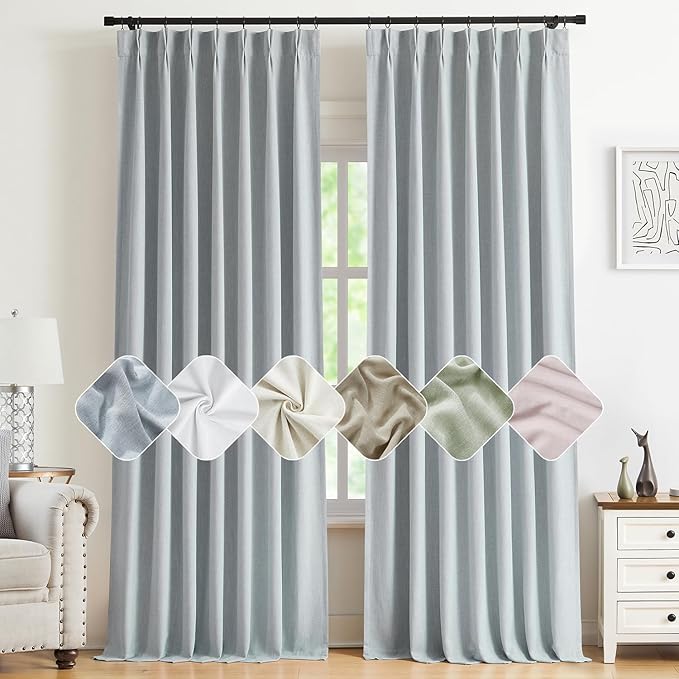 Kayne Studio Blue Fog Pinch Pleated Full Blackout Curtains, Linen Blend Room Darkening Thermal Insulated Soundproof Drapes, 95 Inch Back Tab Window Curtains for Living Room Bedroom (2 Panels, 40"x95") by KayneStudio