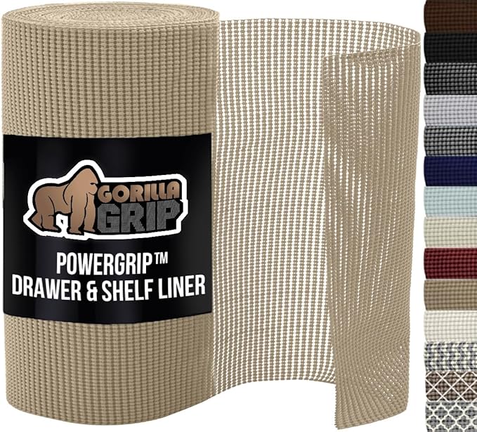 GORILLA GRIP powerGRIP Drawer Shelf and Cabinet Liner, Thick Strong Hold, Non-Adhesive Liners Protect Kitchen Cabinets and Cupboard, Bathroom Drawers, Easy Install, Breathable Mat, 24" x20', Beige by GorillaGrip