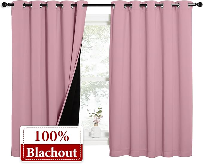 NICETOWN 100% Blackout Curtains with Black Liners, Thermal Insulated Full Blackout 2-Layer Lined Drapes, Energy Efficiency Window Draperies for Bedroom (Crystal Pink, 2 Panels, 62-inch W by 63-inch L) - Image 2