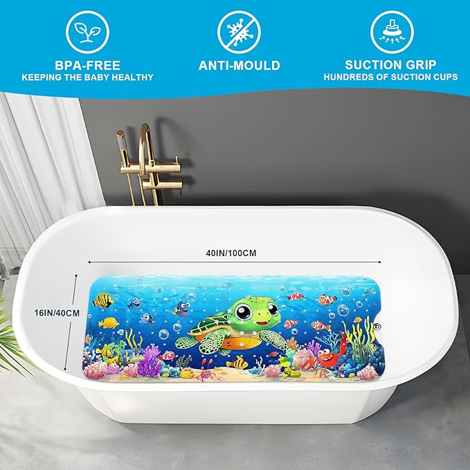 XIYUNTE Baby Bath Mat for Tub Non Slip Kids Bath Mat - 40''x16'' Extra Long Cartoon Turtle Baby Bath Tub Mat Eco-Friendly Toddler Bath Mats with Suction Cups & Drain Holes, Easy to Clean & Easy Drying - Image 2