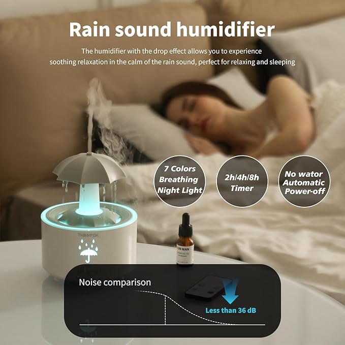 Humidifiers for Bedroom,Aromatherapy Essential Oils Diffuser,Quiet Ultrasonic Clouds and Cool Mist Humidifier, 7 Colors Breathing LED Light,Rotating Umbrella Rain Drops,Ideal Holiday Gifts for Home - Image 5