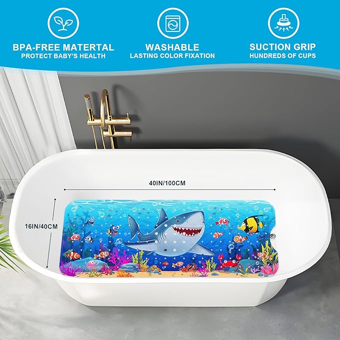 XIYUNTE Baby Bath Mat for Tub Non Slip Kids Bath Mat - 40''x16'' Extra Long Cartoon Shark Baby Bath Tub Mat Eco-Friendly Toddler Bath Mats with Suction Cups & Drain Holes, Easy to Clean & Easy Drying - Image 4
