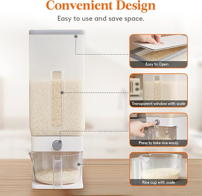 Lifewit Rice Dispenser 25 Lbs(11.3kg), Rice Storage Container Sealed Moisture Proof with Measuring Cup for Kitchen Pantry Household, BPA-Free, 1 Pack Clear - Image 4