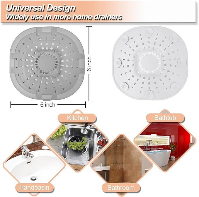 Hair Drain Catcher,Square Drain Cover for Shower Silicone Hair Stopper with Suction Cup,Easy to Install Suit for Bathroom,Bathtub,Kitchen 2 Pack (Light White Grey) - Image 4