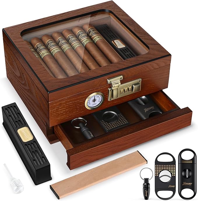 Cigar Humidor, Cedar Wood Humidor Cigar Box, Glass Top Desktop Humidor with Front Hygrometer, Humidifier, Divider, Accessories Drawer and Combination Lock, Cigar Gifts for Men (Brown) by Tesonway