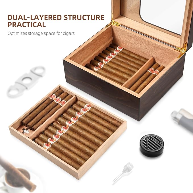 Cigar Humidor, Modern Glass Top Cedar Humidor Cigar Box with Digital Hygrometer, Humidifier, Handcrafted Cedar Wood Tray and Divider, Cigar Case Holds 25-50 Cigars, Cigar Accessories for Men - Image 2
