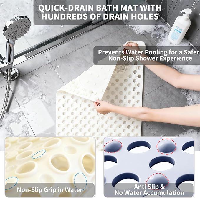 Bath Tub Shower Mat with Soft Shower Foot Scrubber Mat for Massage,Non Slip Bathtub Mat with Strong Suction Cups, Silicone Shower Foot Scrubber Mat (White, 27.5" X 15.7"(Rectangular)) - Image 3