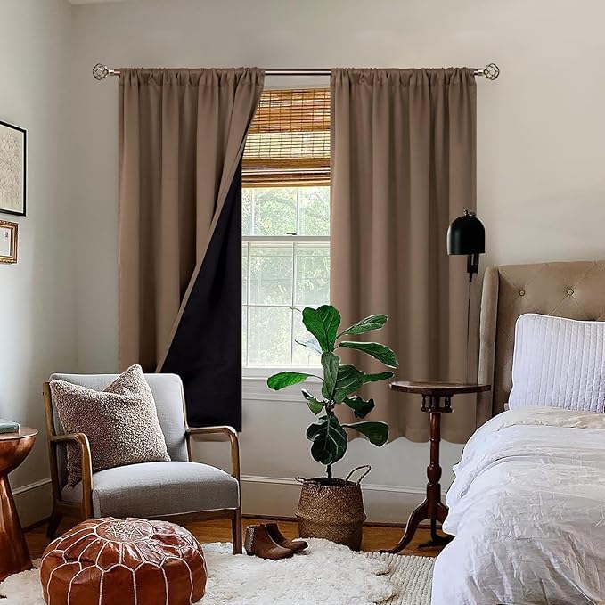 BGment Thermal Insulated 100% Blackout Curtains for Bedroom with Black Liner, Double Layer Full Room Darkening Noise Reducing Rod Pocket Curtain (52 x 63 Inch, Taupe, 2 Panels) - Image 2
