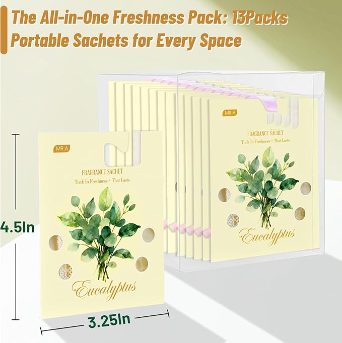 MR.A 13 Packs Eucalyptus Scented Sachets, Fragrance Sachet Bags for Drawers and Closets, Air Fresheners for Car and Home, Closet Deodorizer Scented Drawer Fresheners for Dresser with Hanger Hooks - Image 5