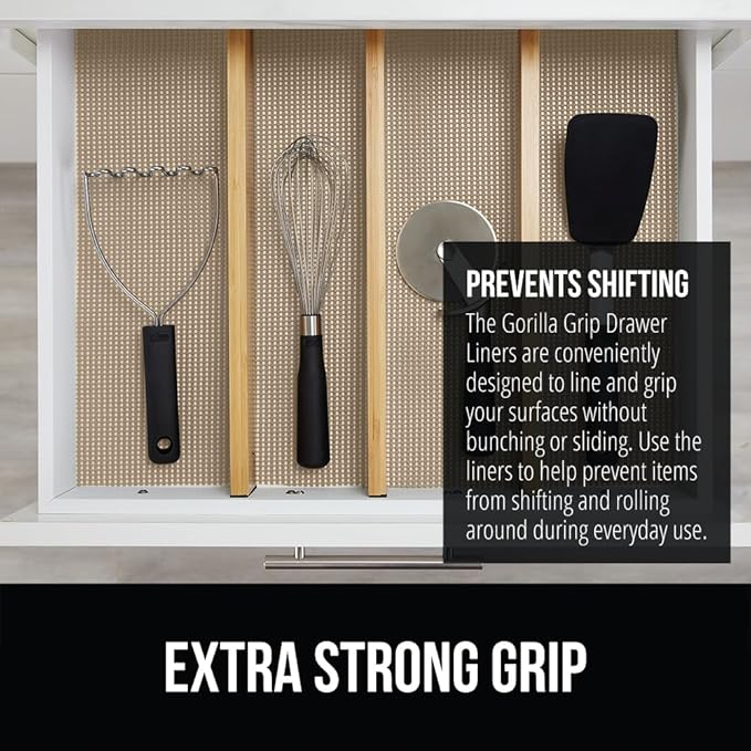 GORILLA GRIP powerGRIP Drawer Shelf and Cabinet Liner, Thick Strong Hold, Non-Adhesive Liners Protect Kitchen Cabinets and Cupboard, Bathroom Drawers, Easy Install, Breathable Mat, 12" x30', Beige - Image 3