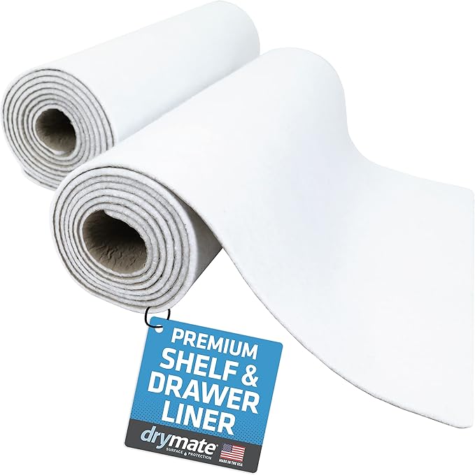 Drymate Premium Luxury Shelf & Drawer Liner, Thick Cushioned Fabric, Non-Adhesive, Absorbent, Waterproof, Slip-Resistant, Liners for Kitchen Cabinets, Cupboards (USA Made)(12”x59”)(2-Pack)(White) by Drymate
