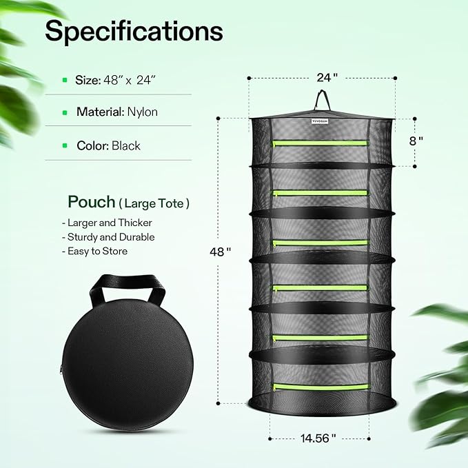 VIVOSUN 6-Layer Mesh Drying Rack Hanging Design with Green Zippers for Dehydrating, Indoor and Outdoor Pruning Shears Included - Image 2