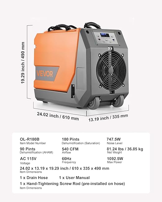 VEVOR 180 Pints Commercial Dehumidifier with Pump/Drain Hoses, Portable Crawl Space Dehumidifiers for Basement Storage Room Industrial Grade, Auto Defrost, Heavy-duty LLDPE,Foldable Handle - Image 7
