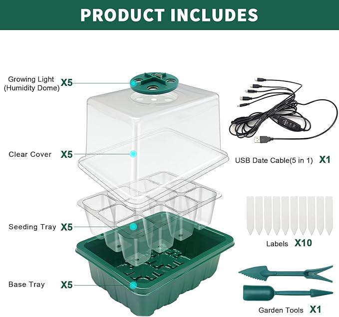 Seed Starter Tray, Plant Propagation Station with Grow Light, Seedling Starter Trays with Timing Controller, Mini Greenhouse Kit with Humidity Domes and Base, Plant Tray for Seeds Growing Starting - Image 7