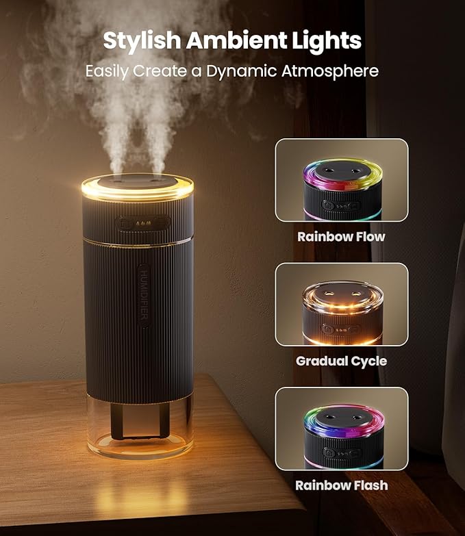 WSKEN Portable Small Humidifier for Bedroom - [Dual Nozzle Large Cool Mist] [Ambiance Lighting] [Car Smart On/Off] Ultrasonic Mini Personal Desk Air Humidifiers for Travel Office Baby Room,Black - Image 5