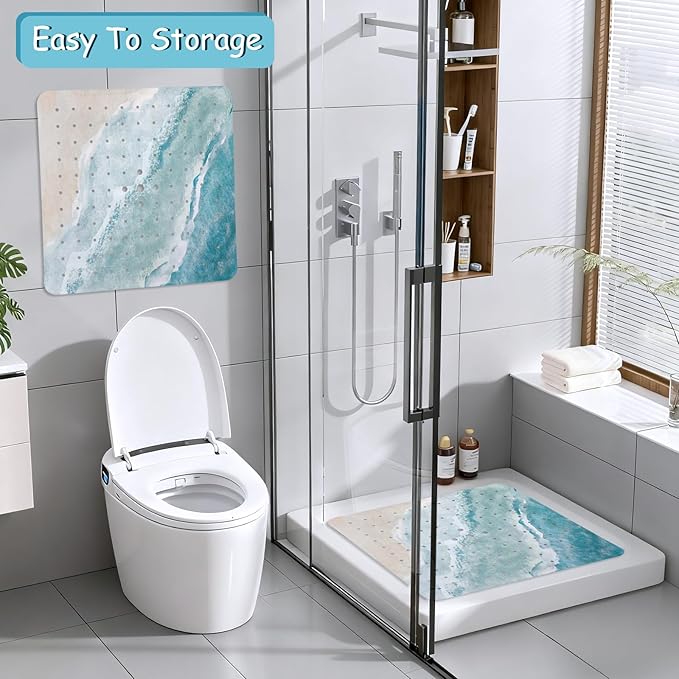 Beach Square Anti Slip Shower Mats for Inside Shower Accessories, Cute Bath Mats for Bathroom Non Slip Shower Floor Mat Sea Decor Rubber Bathmat with Suction and Drain Holes Machine Washable, 21″X21″ - Image 6