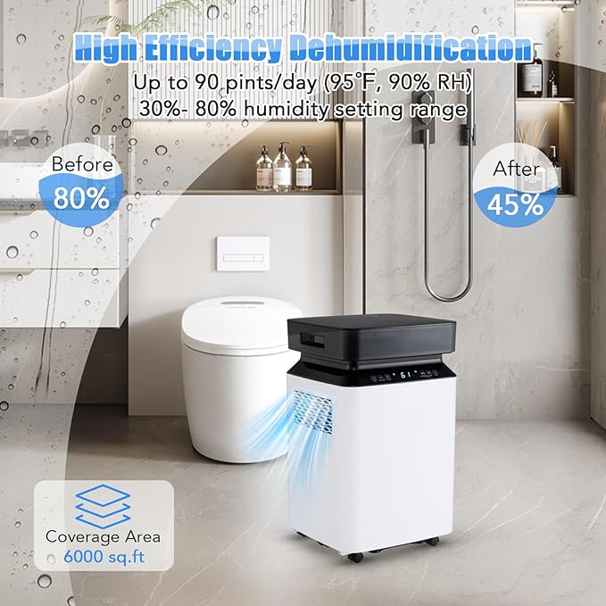 ARLIME 90 Pint Dehumidifier with Pump, 6000 Sq. Ft, Continuous & Auto Mode, 2.2 Gallon Water Tank, Auto or Manual Drainage & 4 Wheels, Dehumdifier for Home, Basement, RV (90 Pint) - Image 3