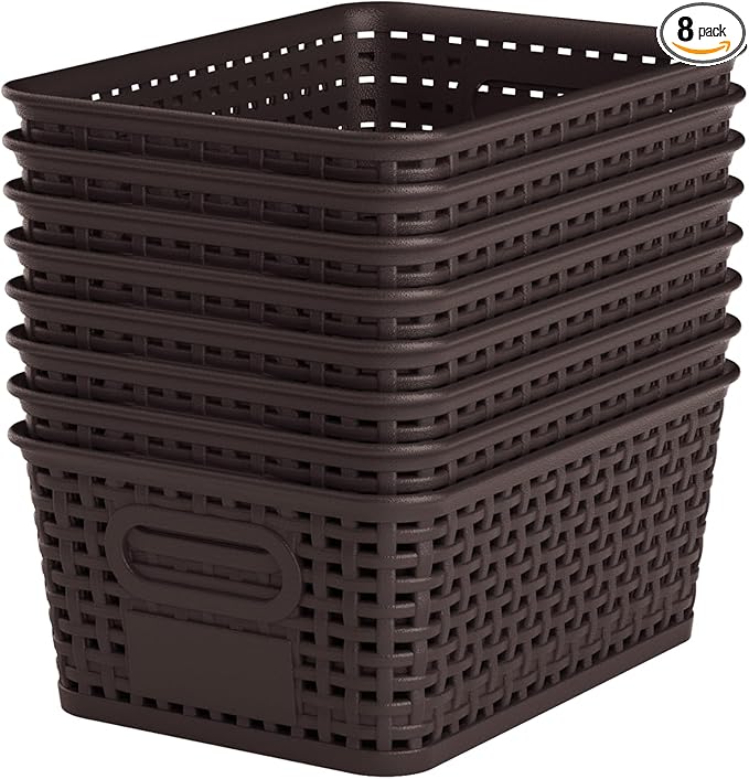Brown Plastic Storage Baskets - Pack of 8 with Labels Stackable Durable Storage Bins, Storage Containers for Organizing Desktops, Closets, Playrooms, Classrooms, Offices by WRRLORS
