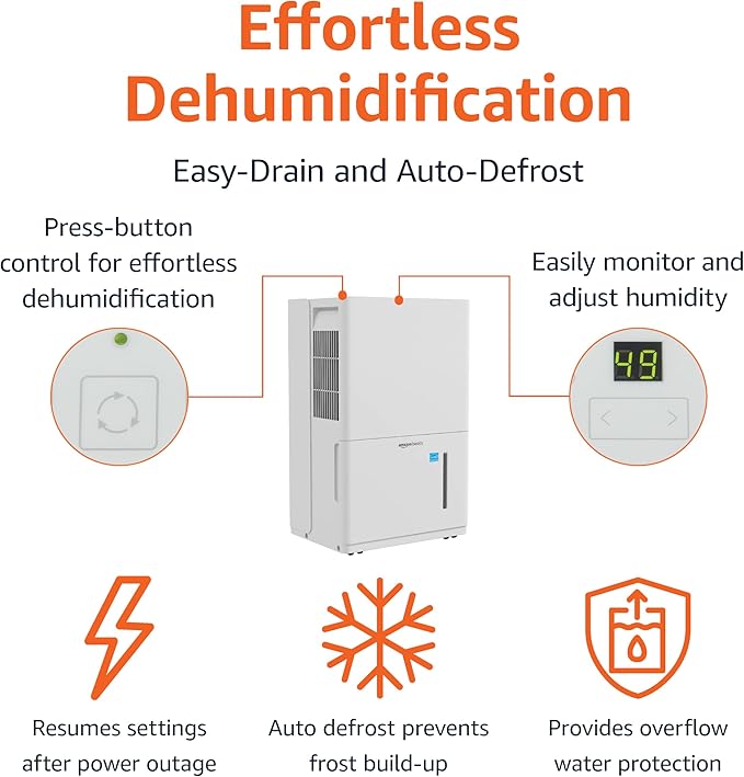 Amazon Basics 50-Pint Large Dehumidifier with Humidity Control, Timer, Auto-Defrost, Overflow Protection, Energy Star Certified, Washable Filter for Rooms up to 4000 SFT, White - Image 2