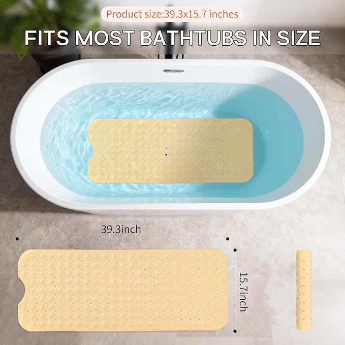 Anti-Slip Bathtub Shower mat, 39.3×15.7 inch（Approximately 100 × 40cm） Soft Oversized Machine Washable Non-Slip Bathtub mat with Drainage Holes, Bathroom Floor Suction Cup.（1-Opaque Light Yellow） - Image 4