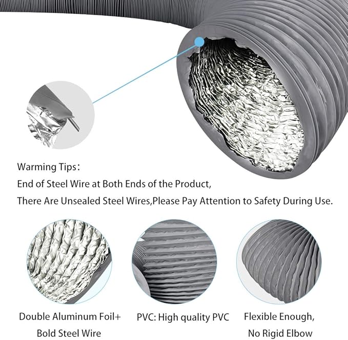 4 Inch 16FT Air Duct, Aluminum Clothing Dryer Vent Hose,Gray PVC Lightproof Exhaust Hose for Fan Filter and Grow Tent, 2 Clamps Include… - Image 3