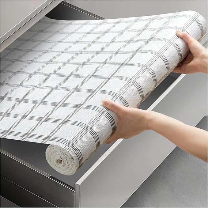 Viseeko Shelf and Drawer Liner for Kitchen Cabinet, Non-Adhesive Cabinet Liners for Shelves, Strong Grip Shelf Paper Non-Slip Waterproof Easy to Cut for Dresser Cupboard, Grey Stripe, 18 in x 20 ft by Viseeko