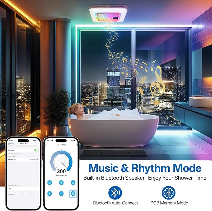 Smart Bathroom Exhaust Fan with Bluetooth Speaker, 230 CFM 1.0 Sone Exhaust Fan with Humidity & Odor Sensor, Remote/App/Voice Control, Adjustable LED Lighting & Dynamic RGB Mood Light (Pink) - Image 2
