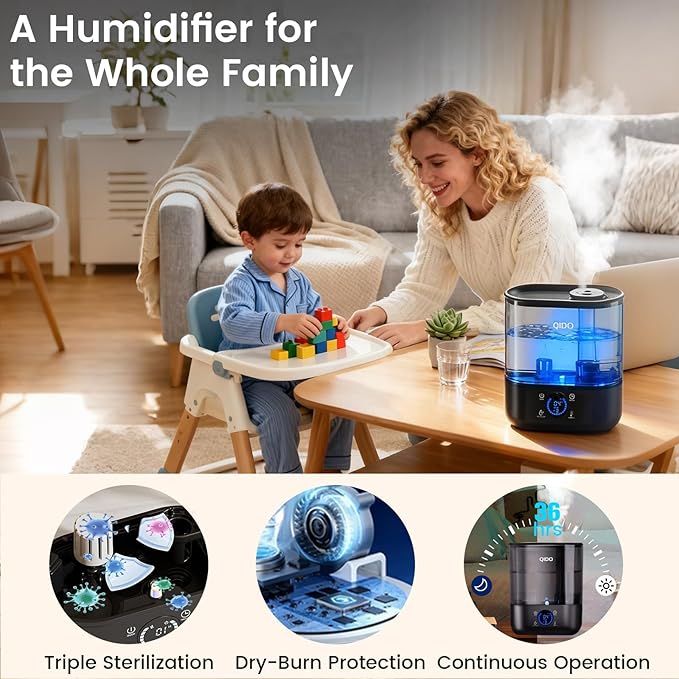 QIDO Top Fill Humidifiers for Bedroom, 5 L Cool Mist 36H Super Long Time, Quiet 28dB Essential Oil Diffuser for Baby & Plants, 3 Adjustable Mist with Touch/APP/7-color Nightlight, Auto Shut-off, Black - Image 3